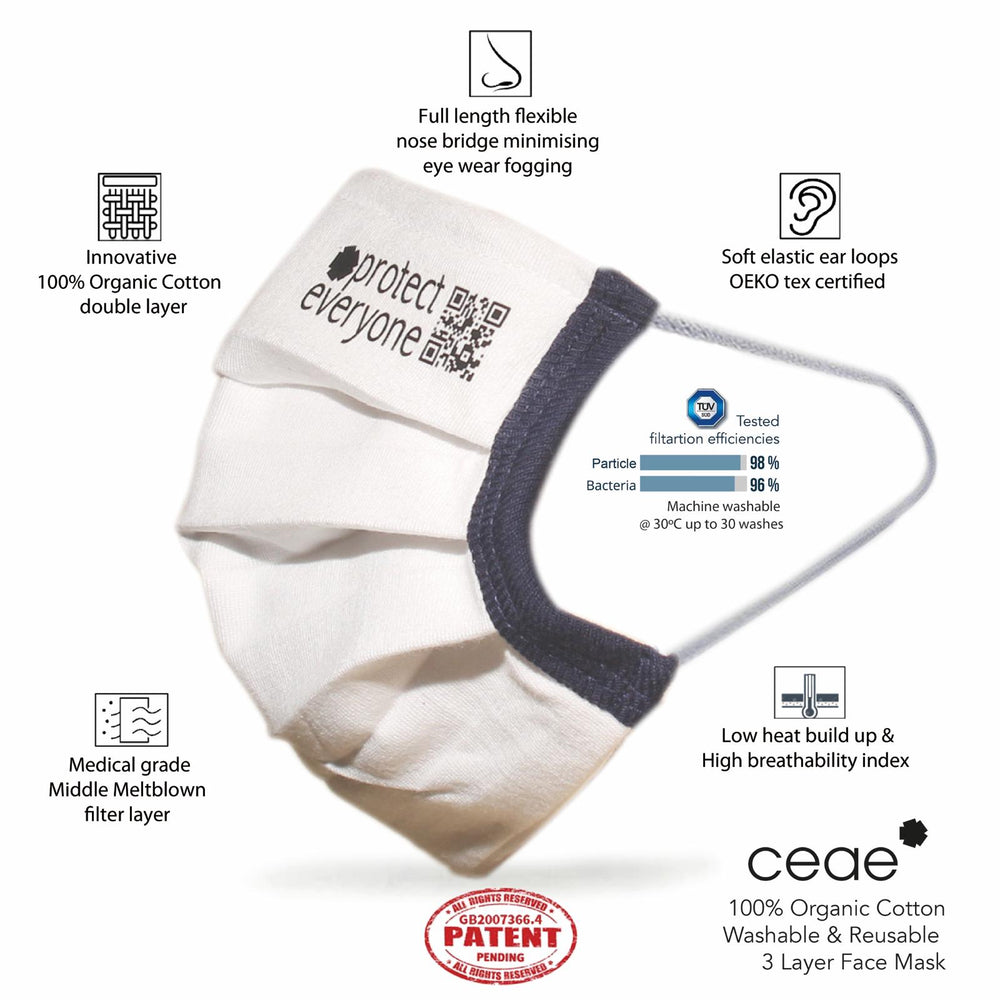 CEAE 100% Organic Cotton 3 layer face mask (Multipack)